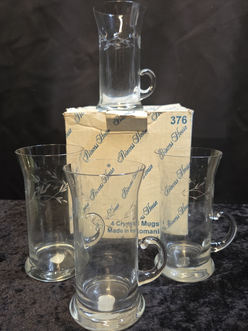 Rare New Set of 4 Princess House Crystal Heritage Etch Irish Coffee Mug Cups